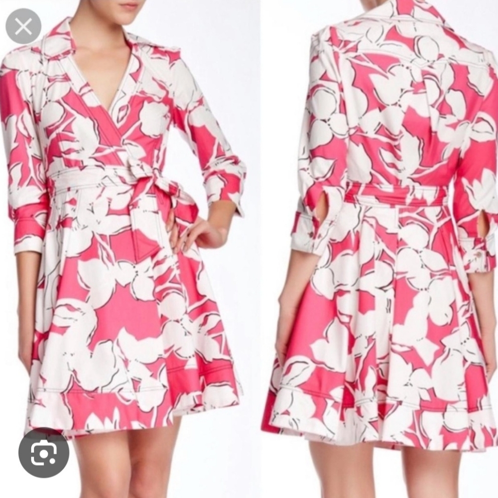Diane Von Furstenberg Pink and White Floral Wrap Dress, Size 4.